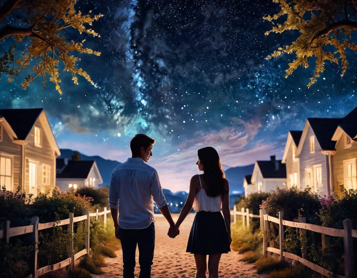 A tender moment between a couple, holding hands and gazing into each other's eyes under a starry night sky, with soft glowing lights surrounding them. Include elements that symbolize intimacy, like intertwined hearts or subtle floral patterns in the background. The scene should convey warmth and love, inviting viewers to feel the connection. super-realistic. vibrant colors. soft focus.