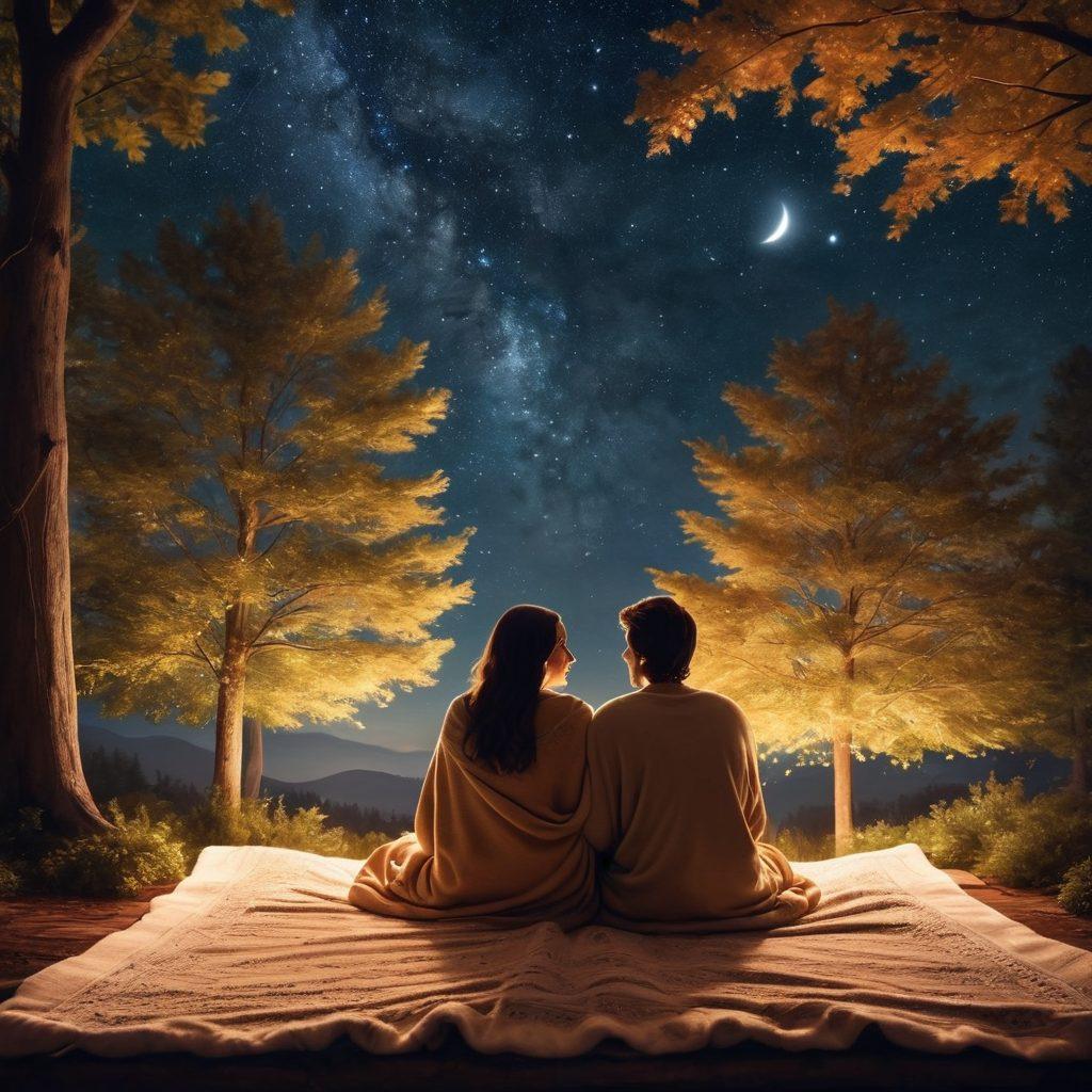 A serene and intimate scene of a couple sitting together under a starlit sky, sharing heartfelt moments while holding hands, with soft glowing lights around them symbolizing connection and warmth. Include elements like a cozy blanket and a background of lush trees, enhancing the sense of closeness and romance. super-realistic. warm tones. vibrant colors.
