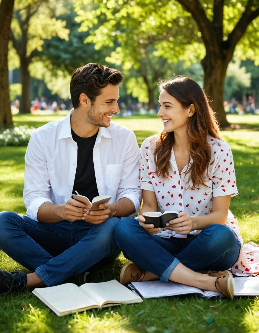 A joyful couple sitting together in a sunlit park, planning their future with a notebook and coffee in hand. Surround them with symbols of love like hearts and intertwined hands, emphasizing their bond and shared dreams. The background should feature lush greenery and blooming flowers to symbolize growth and commitment. Capture the warmth of their smiles and the unity in their body language. vibrant colors. super-realistic.